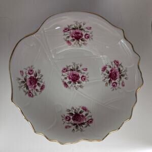Vintage Porcelain Bowl Pink Rose Floral Gold Trim Scalloped Edge 8" Round